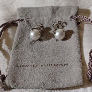 David Yurman Cable Pearl Stud Earrings with Diamonds, SS, 14mm